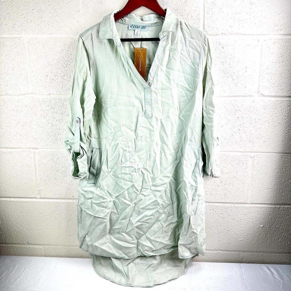Francesca’s Dina Be Chambray Mint Roll Tab Sleeve Tunic Dress Women’s Sz L